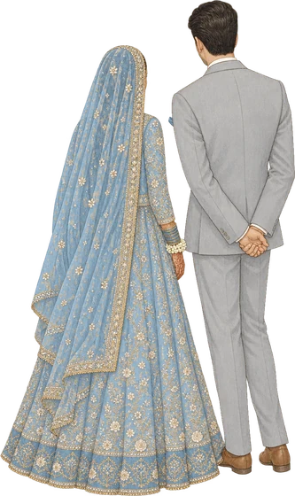 The bride in a sky-blue lehenga and the groom in a light-grey suit